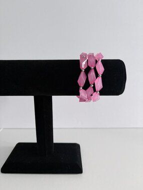 Pink Cat Eye Diamond Shape Stretch Bracelet Set 2 Silver Spacers Modern Geometri
